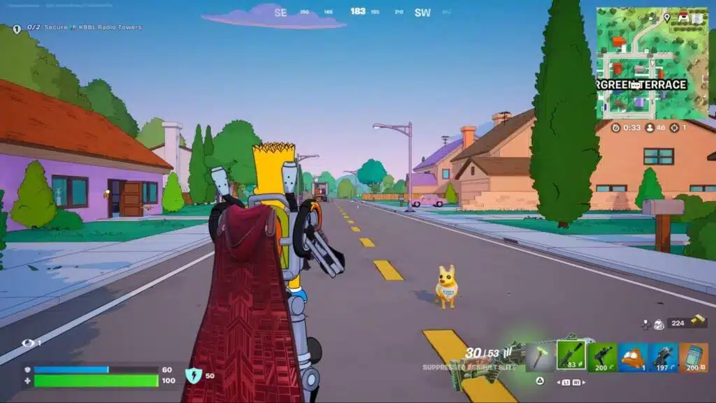 Simpson au milieu de la rue avec des maisons de part et d'autre, ainsi que le chien au milieu 