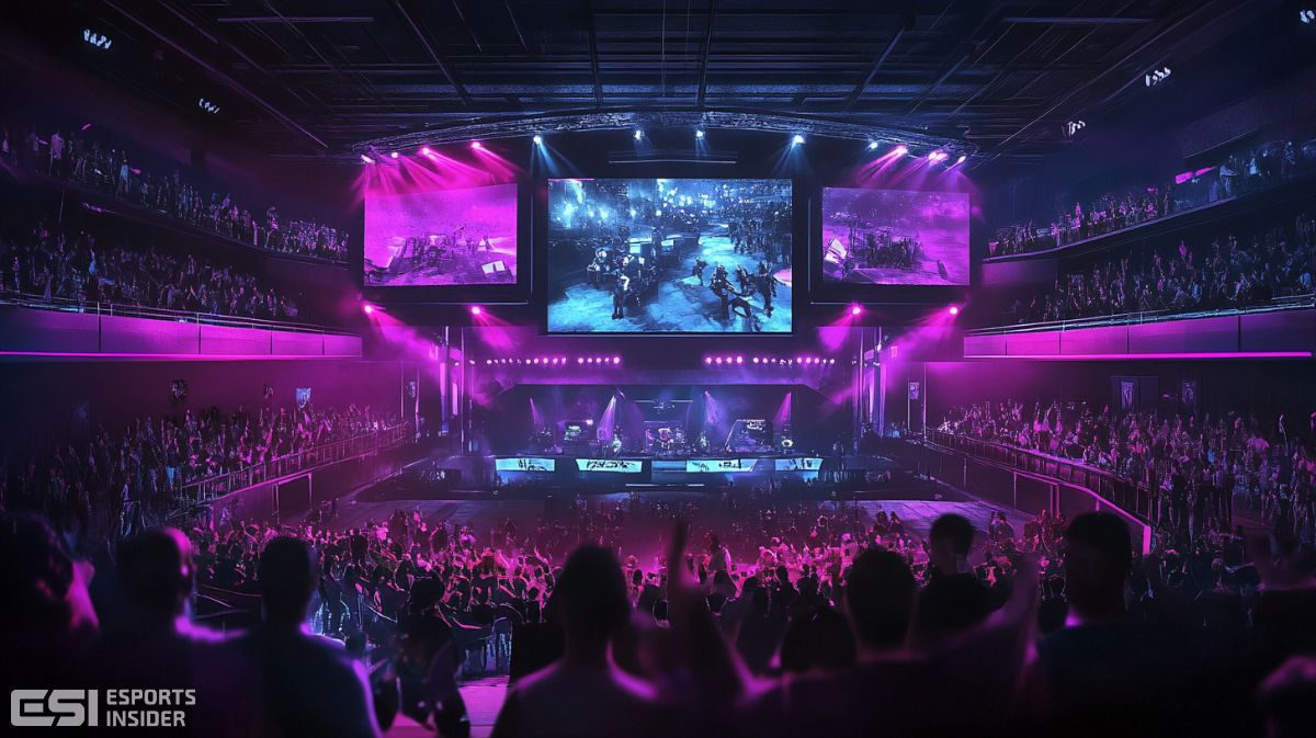 scene esports avec grands écrans, tribunes remplies et scène de jeu centrale