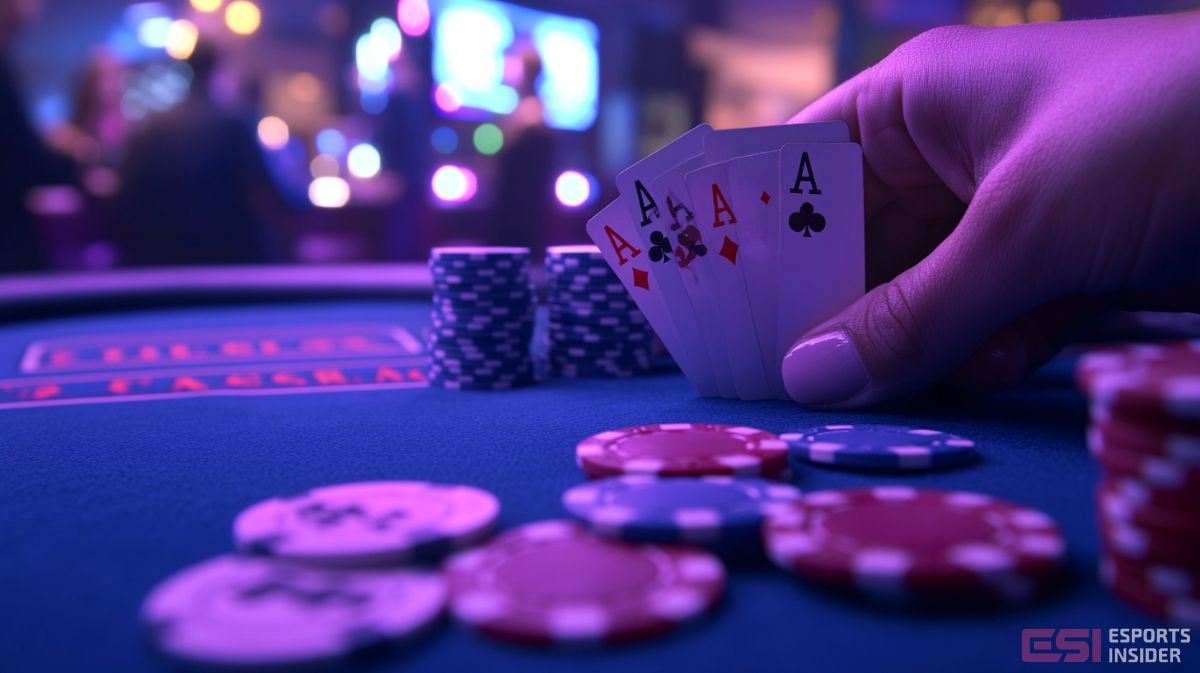 table de poker avec une main levant ses cartes, jetons au premier plan