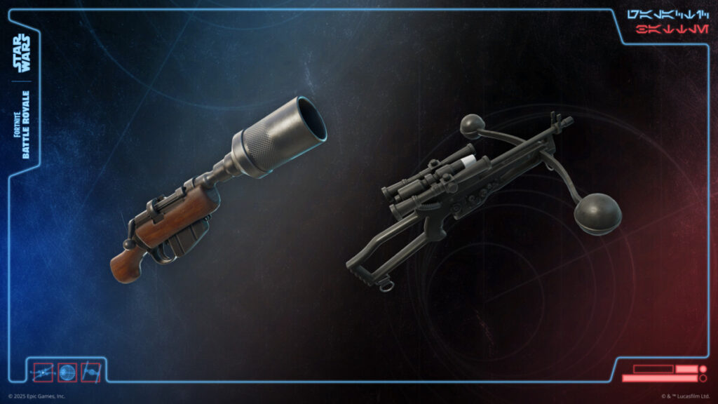 Twee nieuwe wapens van de Star Wars update van Fortnite. De CA-87 Jawa Scatter Blaster en de Wookiee Bowcaster