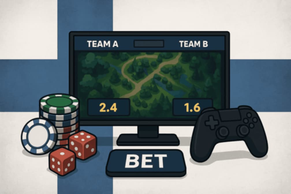 Vlag van Finland met daarvoor een computer, controller en gokelementen. Op de computer is sprake van esports betting