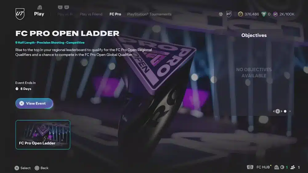 Een screenshot uit de game EA FC van EA Sports, waarin een FC Pro Open Ladder te zien is, een nieuwe unieke kwalificatiestructuur voor esports spelers en amateurs.