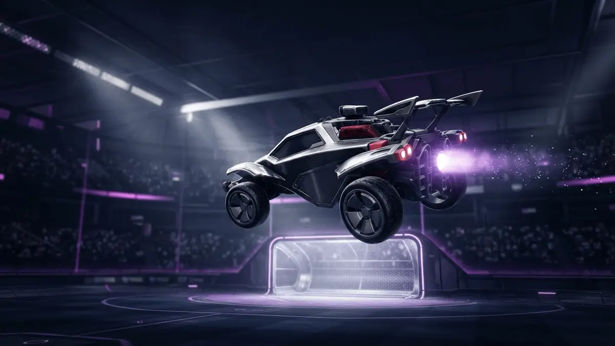 Futuristische esports-auto viert Falcons’ historische Rocket League-wereldtitel in een donker stadion