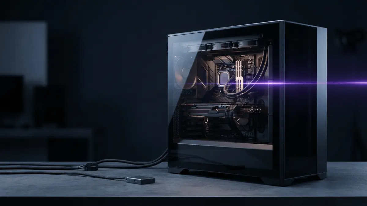 Gaming-pc hardware onder een violet beveiligingslicht als symbool voor RICOCHETs aanpak van cheatnetwerken