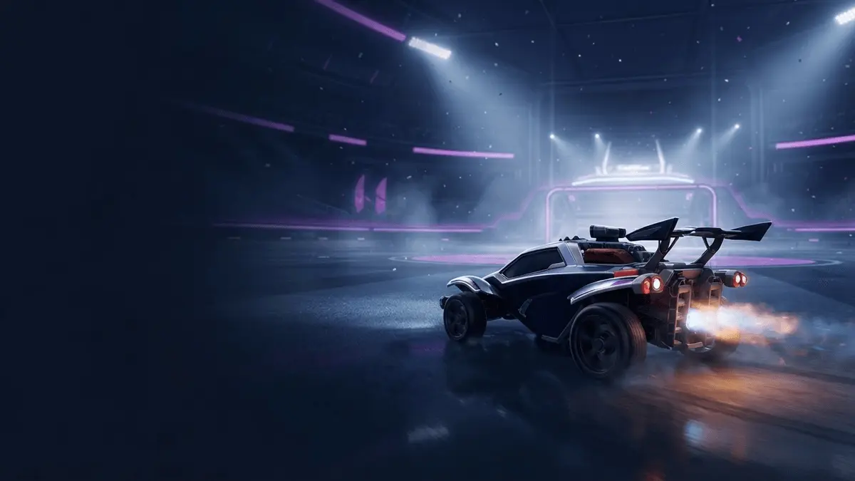 Rocket League-auto onder paarse stadionlichten na een beslissende wereldtitel voor Team Falcons