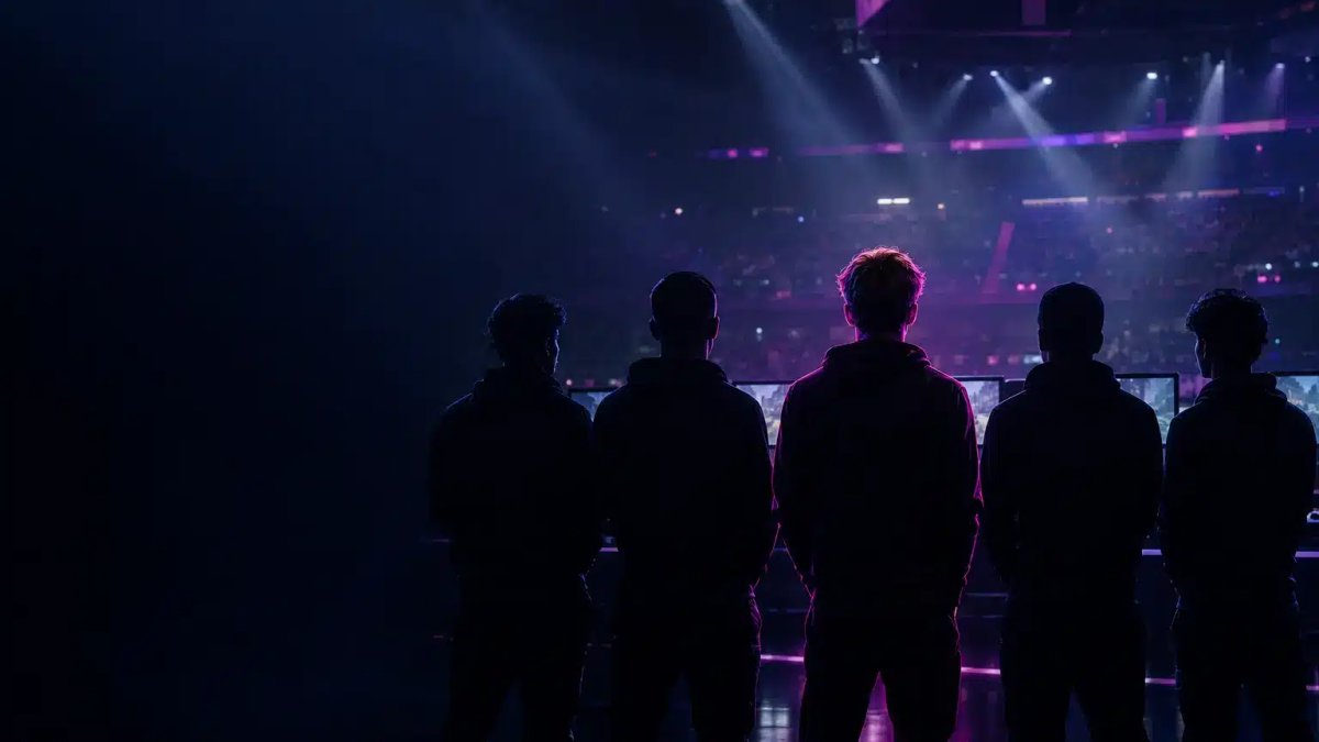 Een CS2-esportsteam van vijf spelers als silhouet op een donker arenapodium, waarbij één figuur paars is uitgelicht