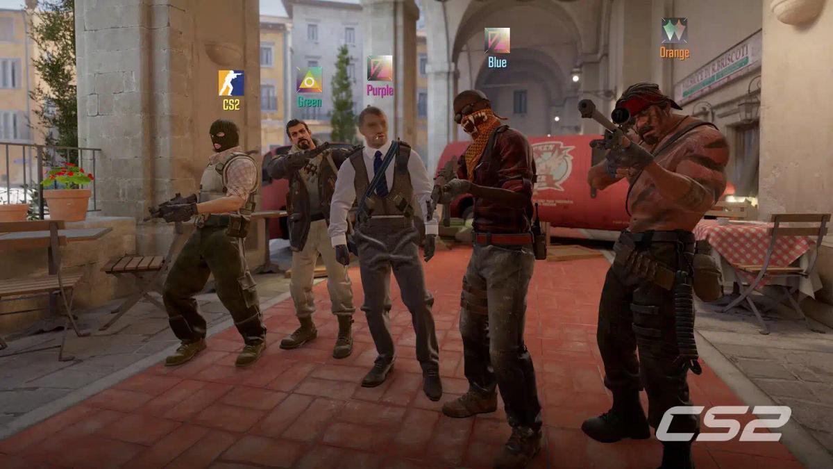 Een groep personages uit Counter-Strike 2 in een straatbeeld van een stad.