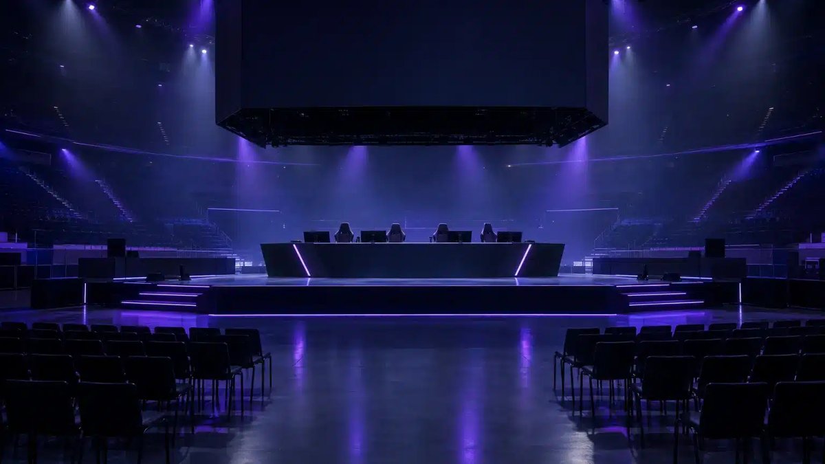Een leeg esports-podium dat is klaargemaakt voor een uitgesteld FIFAe Finals-toernooi in Jeddah