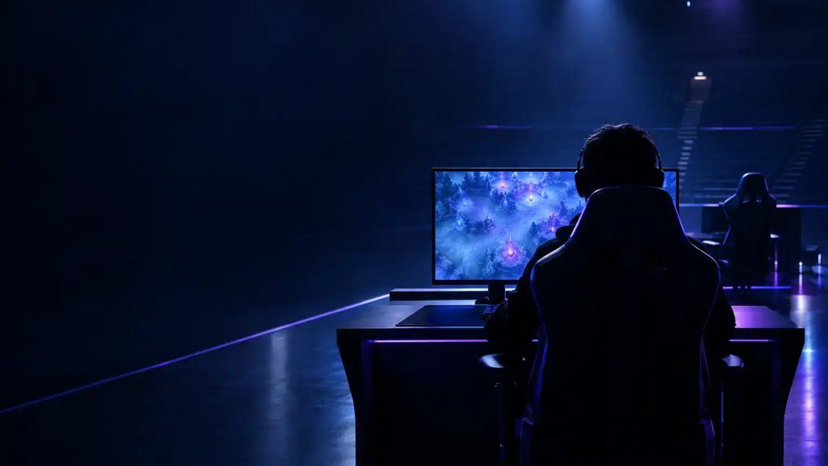 Anonieme esports-speler bij een verlicht Dota 2-werkstation tijdens een teamwissel