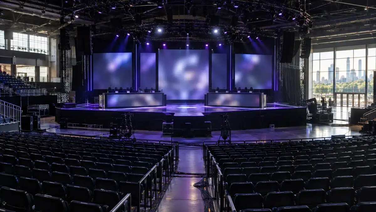 Lege esports-arena in Austin, klaargemaakt voor het VCT Champions-evenement van 2027