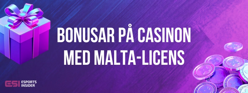 Present i neonfärger och staplade mynt, texten Bonusar på casinon med Malta-licens.