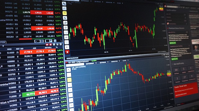 Datorskärm med aktiekurser, orderböcker och två kursdiagram med candlestick-grafer för analys och handel.