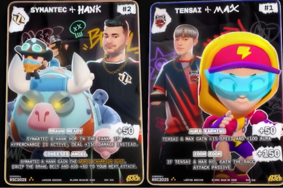 Två Brawl Stars-kort: "Symantec + Hank" och "Tensai + Max". Kortdetaljer visar statistik och förmågor för karaktärerna.