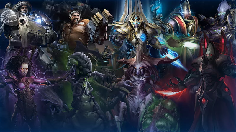 Karaktärer från StarCraft-universumet, inklusive Terran, Zerg och Protoss, samlade i en episk illustration.