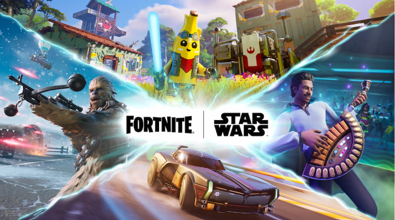 Fortnite och Star Wars-karaktärer i färgstark spelmiljö, med logotyper i mitten.