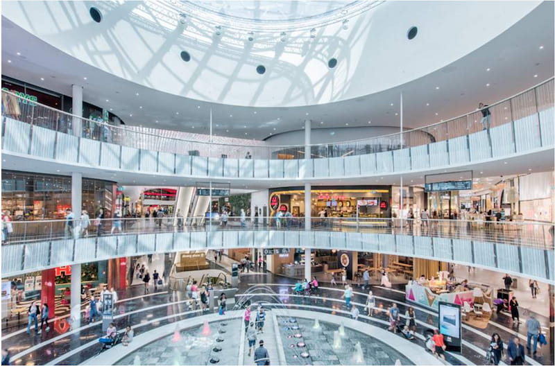 Interiör av Mall of Scandinavia med flera våningar, butiker, restauranger och en central fontän under ett stort glastak.