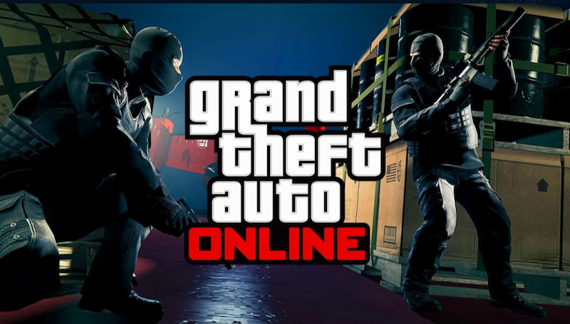 Två maskerade figurer i mörka kläder med vapen, texten "Grand Theft Auto Online" i mitten.
