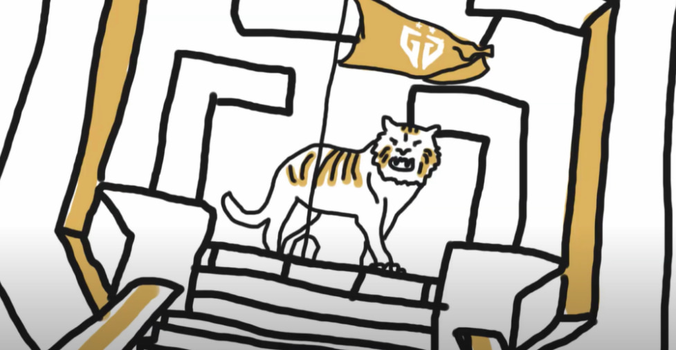 Tecknad tiger på en trappa i en labyrint, med en gul flagga märkt "G2" ovanför.