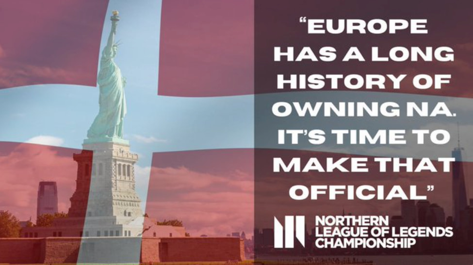 Statyn av Friheten framför en Dannebrogsflagga och texten "Europe has a long history of owning NA.