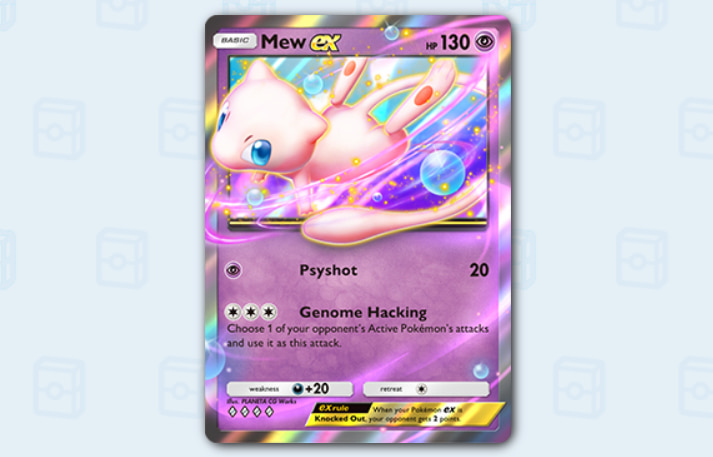 Mew ex Pokémonkort med 130 HP, attackerna Psyshot och Genome Hacking, lila bakgrund och glittriga effekter.