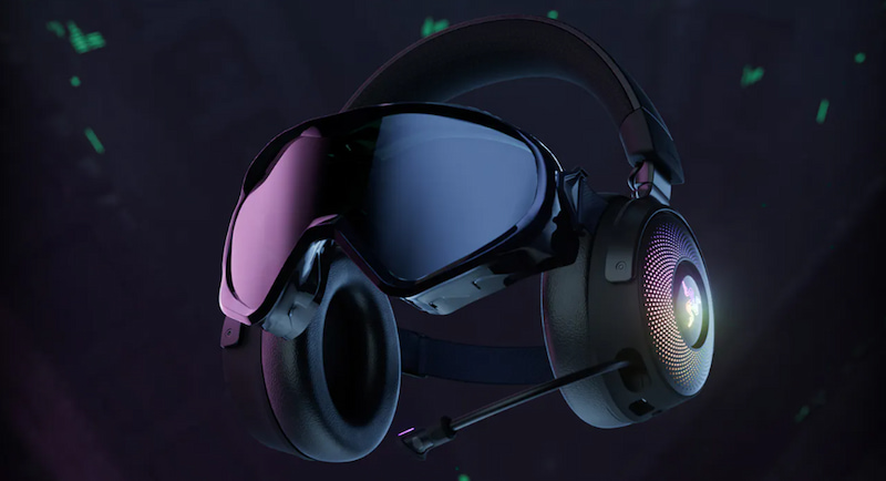 Gamingheadset och AR-glasögon från Razer med futuristisk design och RGB-belysning.
