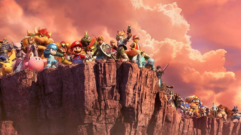 Flera kända Nintendo-karaktärer står tillsammans på en klippa mot en dramatisk himmel.