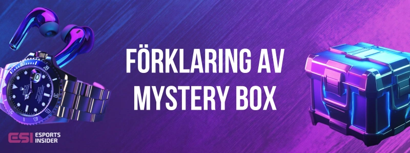 Förklaring av mystery box brevid en lootlåda, Rolex och AirPods