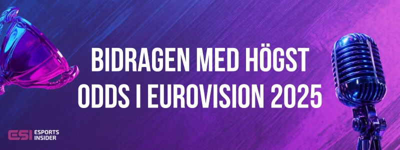 Bidragen med högst odds i Eurovision 2025 brevid pokal och mikrofon