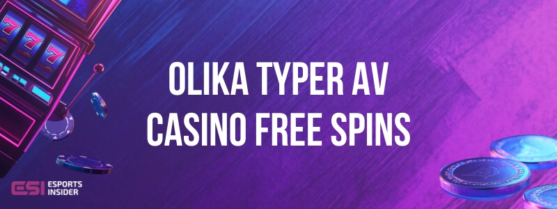 Olika typer av casino free spins brevid en slotmaskin och silvermynt