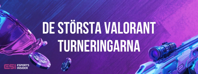 De största Valorant turneringarna brevid pokal, spelmarker och vapen från spelet