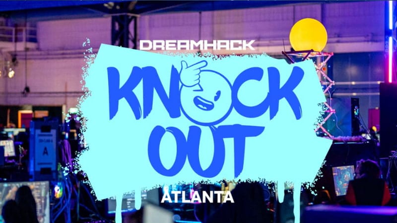 Affisch för DreamHack Knock Out i Atlanta, med spelstationer och neonljus i bakgrunden.