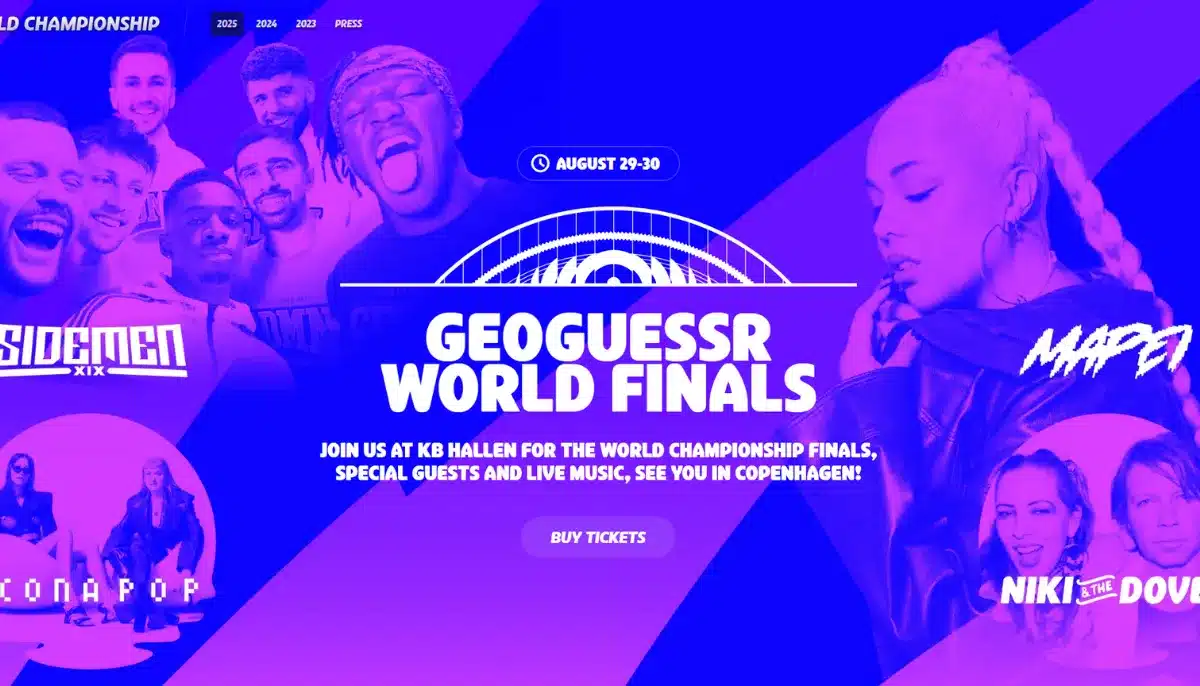 Affisch för GeoGuessr World Finals i Köpenhamn 29-30 augusti med artister och gäster.