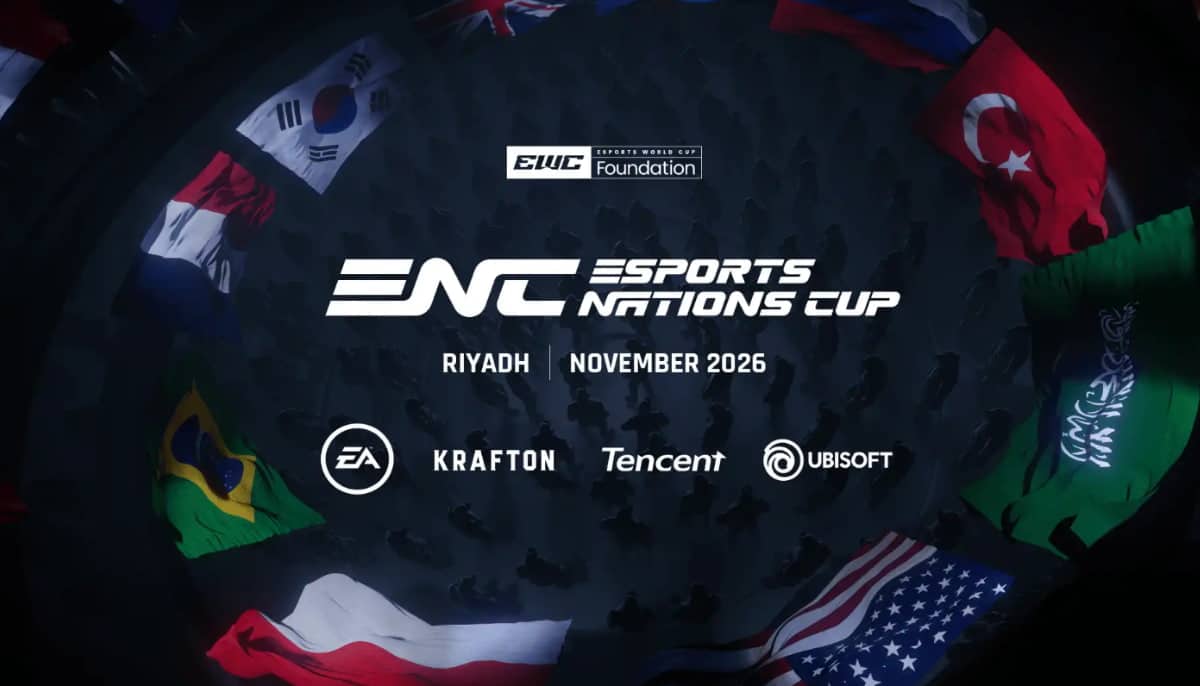 Affisch för Esports Nations Cup i Riyadh, november 2026, med flaggor och logotyper för spelutvecklare.