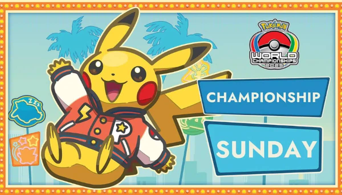 Pikachu i jacka firar Pokémon-VM 2025 med texten "Championship Sunday" och färgglad bakgrund.