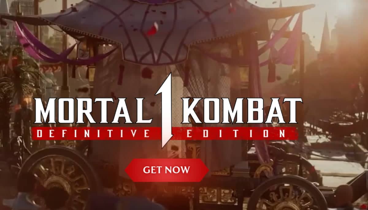 En vagn med ståtliga hjul i festlig miljö och texten "Mortal Kombat 1 Definitive Edition" i förgrunden.