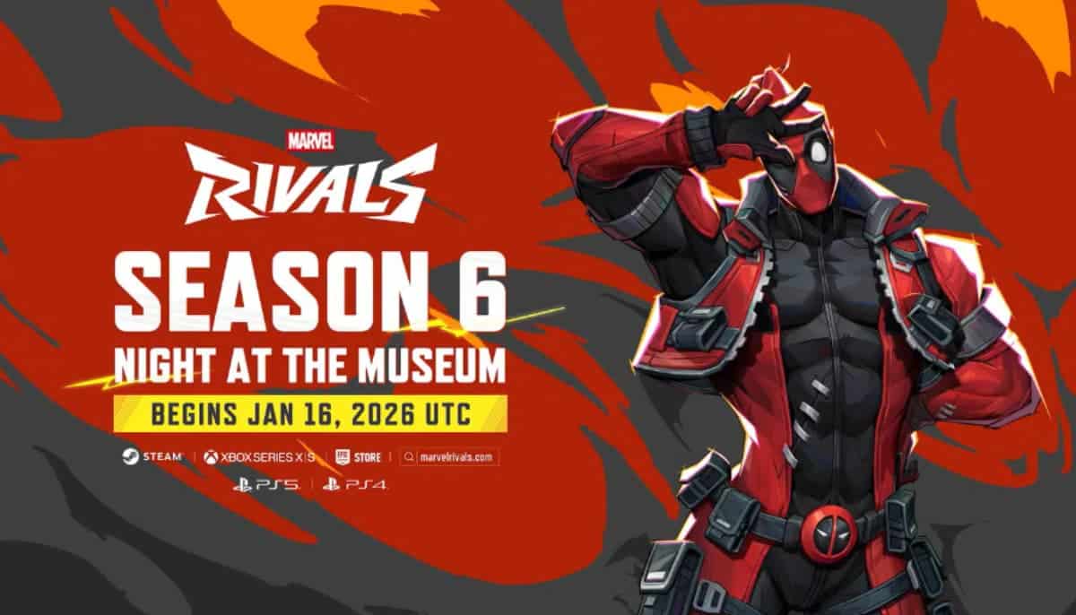 Reklambild för Marvel Rivals säsong 6 med Deadpool och text om Night at the Museum