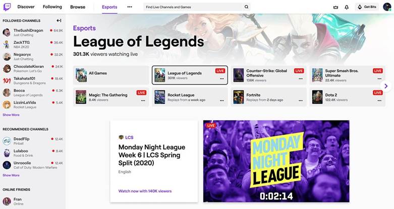 Twitch esports hub