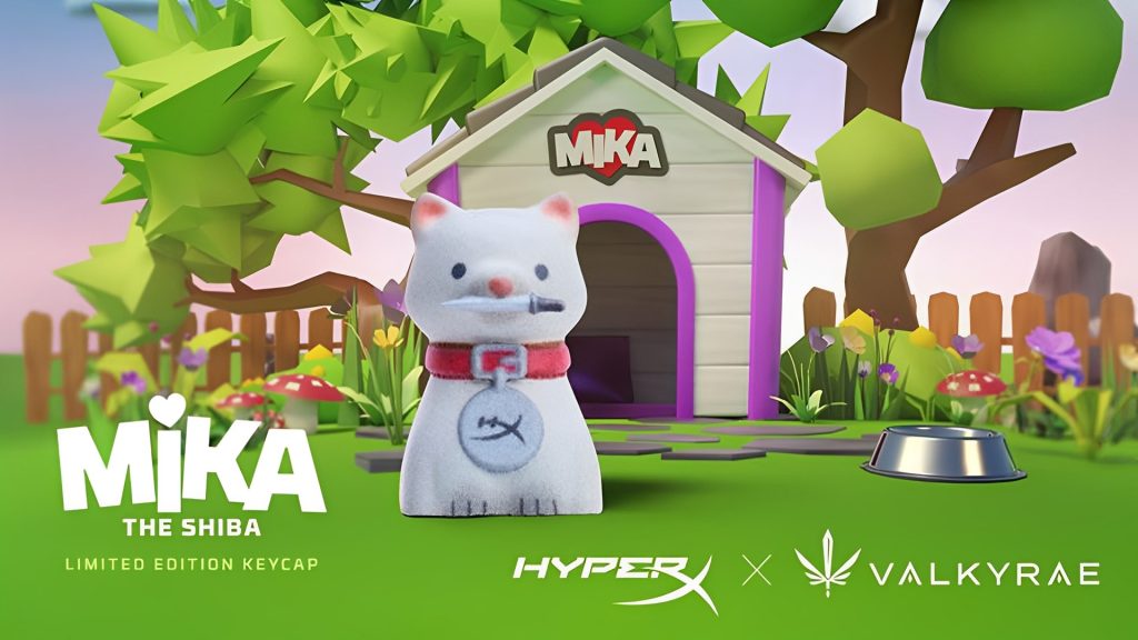 Screenshot of Mika the Shiba in front of small house with HyperX and Valkyrae logo at the bottom-right