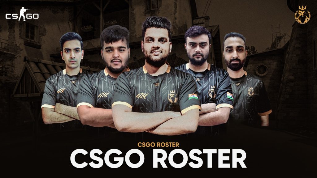 Screenshot of Gods Reign CSGO rsoter on brown and black background with CSGO logo in top-right corner