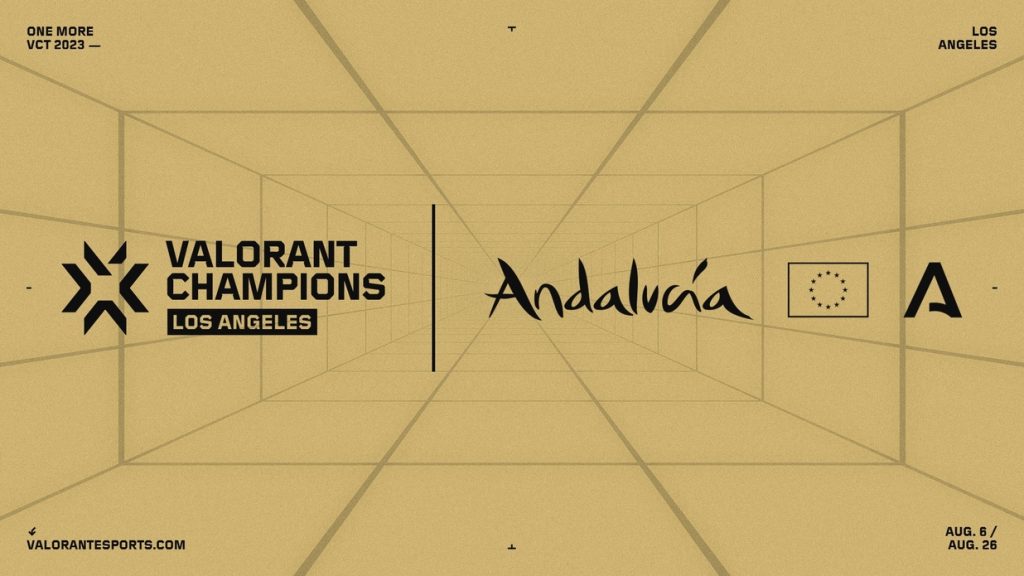 Screenshot of Riot Games' VCT Champions logo and Junta de Andalucia logo on sand yellow background