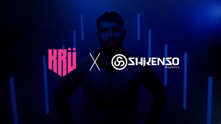 KRU Esports and Shikenso Analytics logos on dark blue background featuring Sergio Aguero