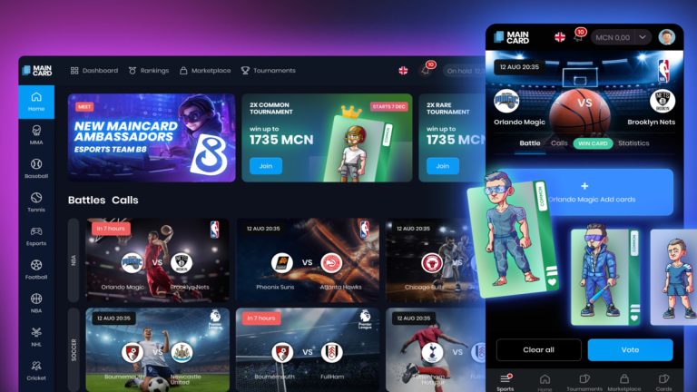 Image of Maincard.io user interface on blue and purple background