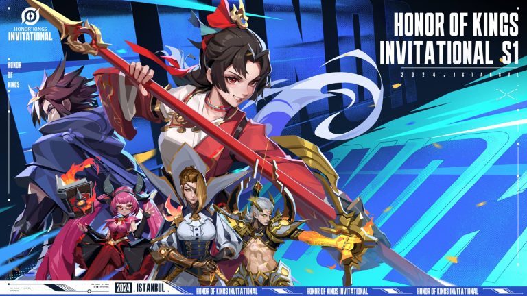 Image of Honor of Kings characters on blue background with text surrounding the characters