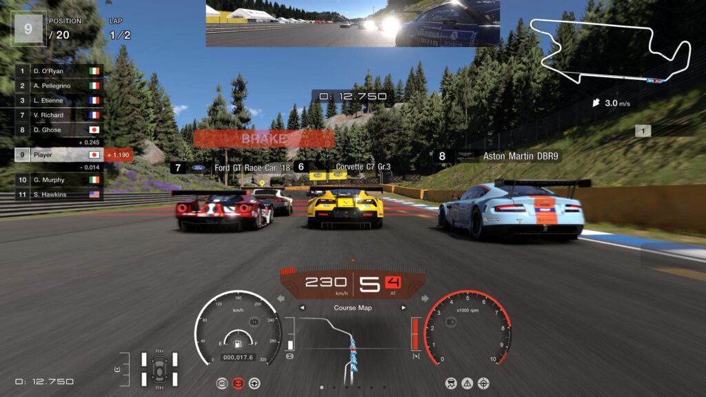 Gran Turismo 7 screenshot showing a player in 9th position, navigating tight turns with nearby competitors and displaying speed metrics.