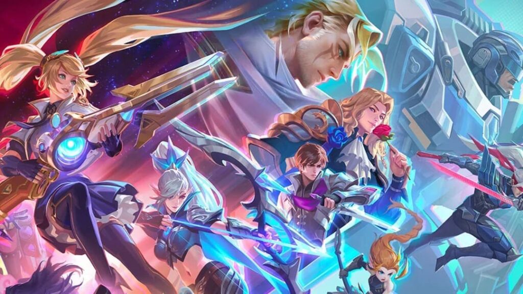A vibrant fantasy scene featuring diverse characters wielding futuristic weapons in a cosmic setting, showcasing dynamic poses and heroic themes.