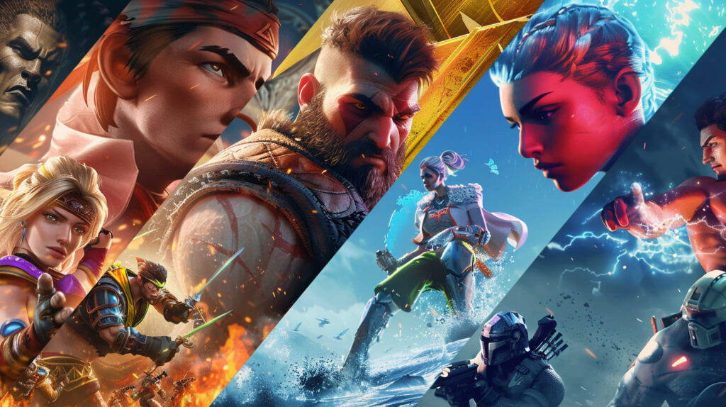 Dynamic digital artwork showcasing characters from various action-packed video games, featuring intense combat and vibrant colors.