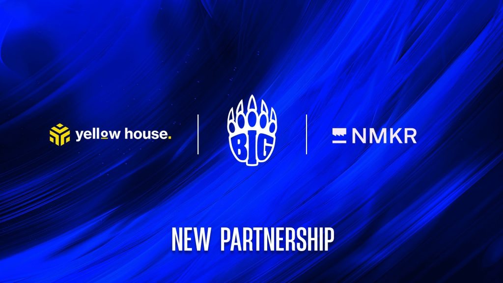 Image of BIG, yellow house, and NMKR logos on blue background