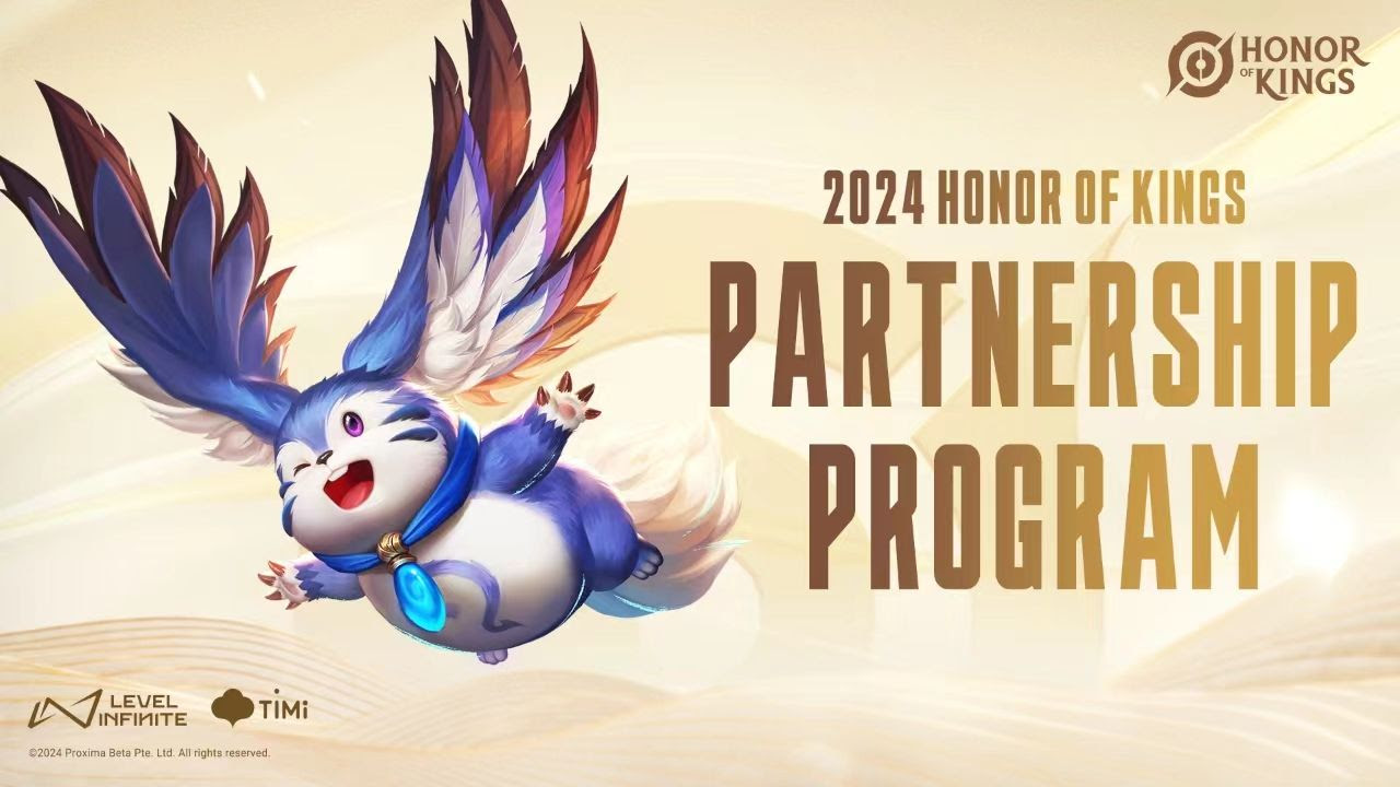 Honor of Kings character with wings next to gold partnership program text on pale yellow background