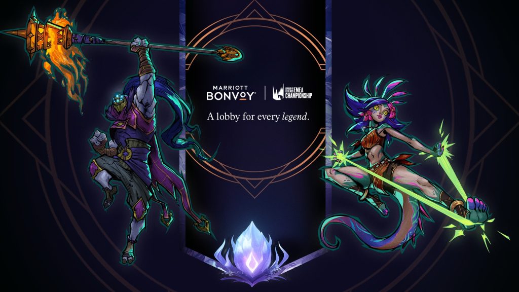 Image of LEC and Marriot Bonvoy logos on dark purple background with League of Legends champions on left and right