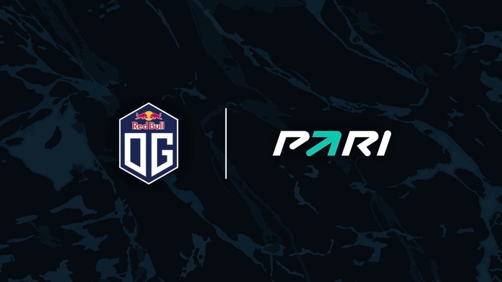 Image of OG Esports and PARI logos on a background made of a dark blue and black camouflage pattern